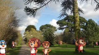 Image of a path going through a grass field with lots of mature trees around the edge. Lots of cartoon animal characters are in different locations in the field.