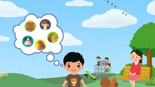 Cartoon image of a boy outdoors with a park in the background, thinking of all the things he can find in his explorer challenge