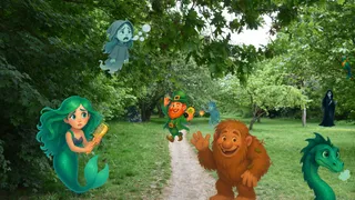 Different supernatural cartoon characters including a mermaid, big foot and a ghost hiding in a field surrounded by trees.