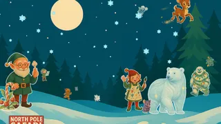 Cartoon image of a snowy clearing in a forest at night with stars in the sky and cartoon Christmas characters hiding, including an elf, a polar bear and a gingerbread character.