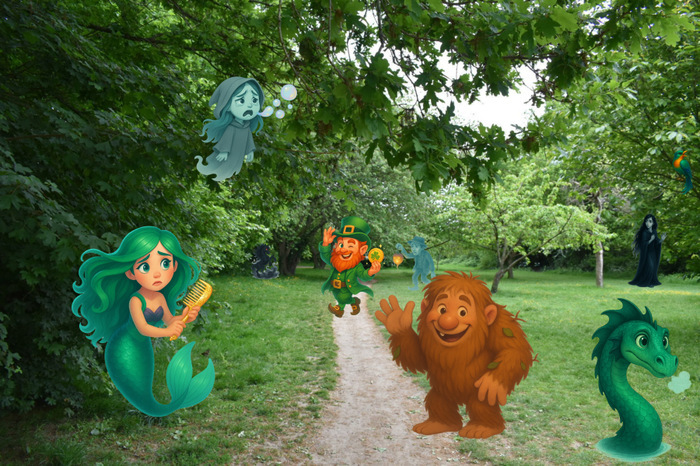 Different supernatural cartoon characters including a mermaid, big foot and a ghost hiding in a field surrounded by trees.