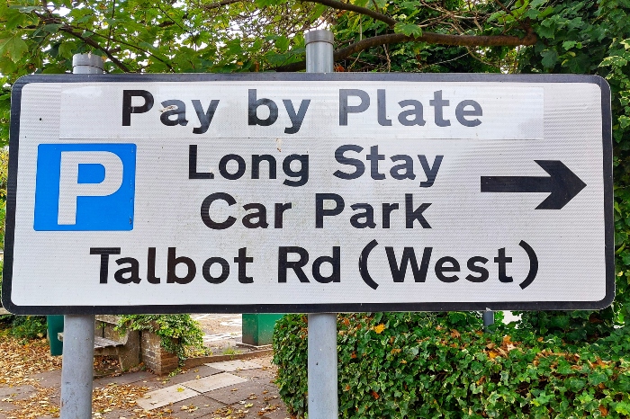 Street sign that points right to Talbot Road West long stay car park