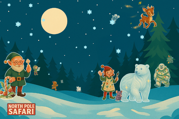 Cartoon image of a snowy clearing in a forest at night with stars in the sky and cartoon Christmas characters hiding, including an elf, a polar bear and a gingerbread character.