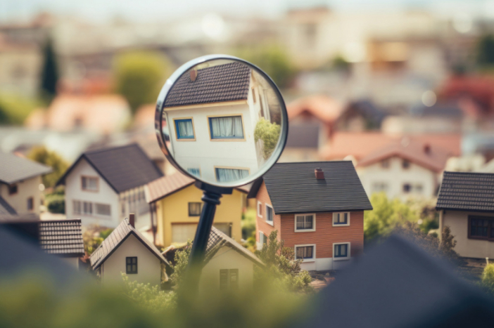Image of different houses with a magnifying glass over one of the houses