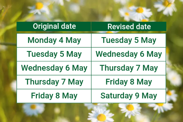 Early May Bank Holiday bin collection chart