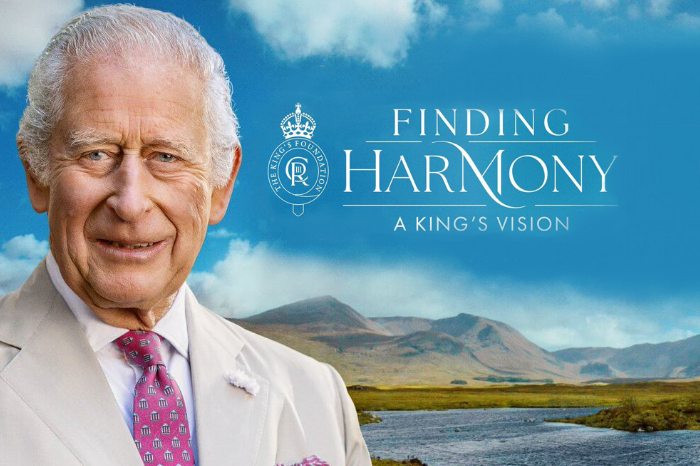 Image of King Charles III in front of a mountain landscape. Text that reads 'Finding Harmony a Kings vision'.
