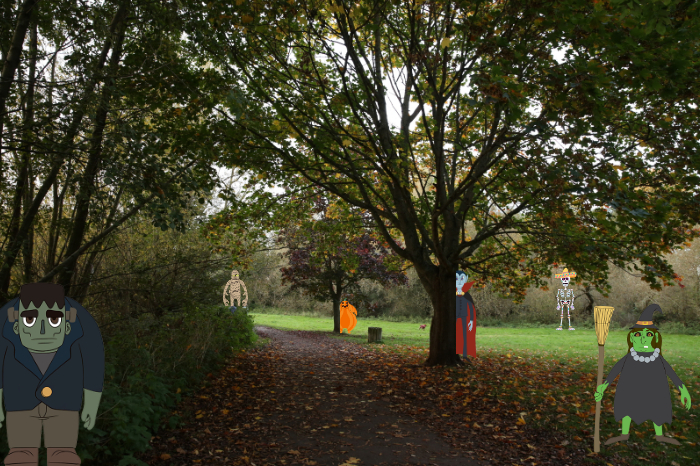 Image of a path surrounded by trees, leaves on the ground, with a variety of Halloween cartoon characters hiding in various places.